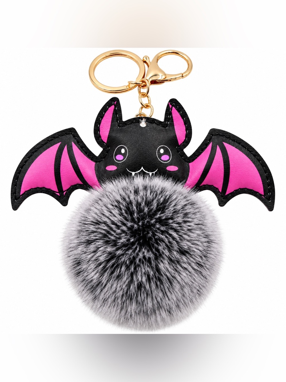 Halloween Bat Pom Pom Keychain Gray Faux Fur Plush Bag Charm Gothic Cute NEW